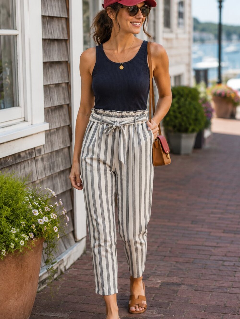 Jolt Linen Blend Striped Paperbag Pants Women Small Gray White Tie Waist Cropped